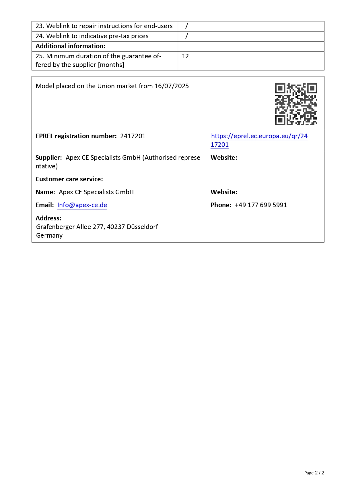 Product sheet