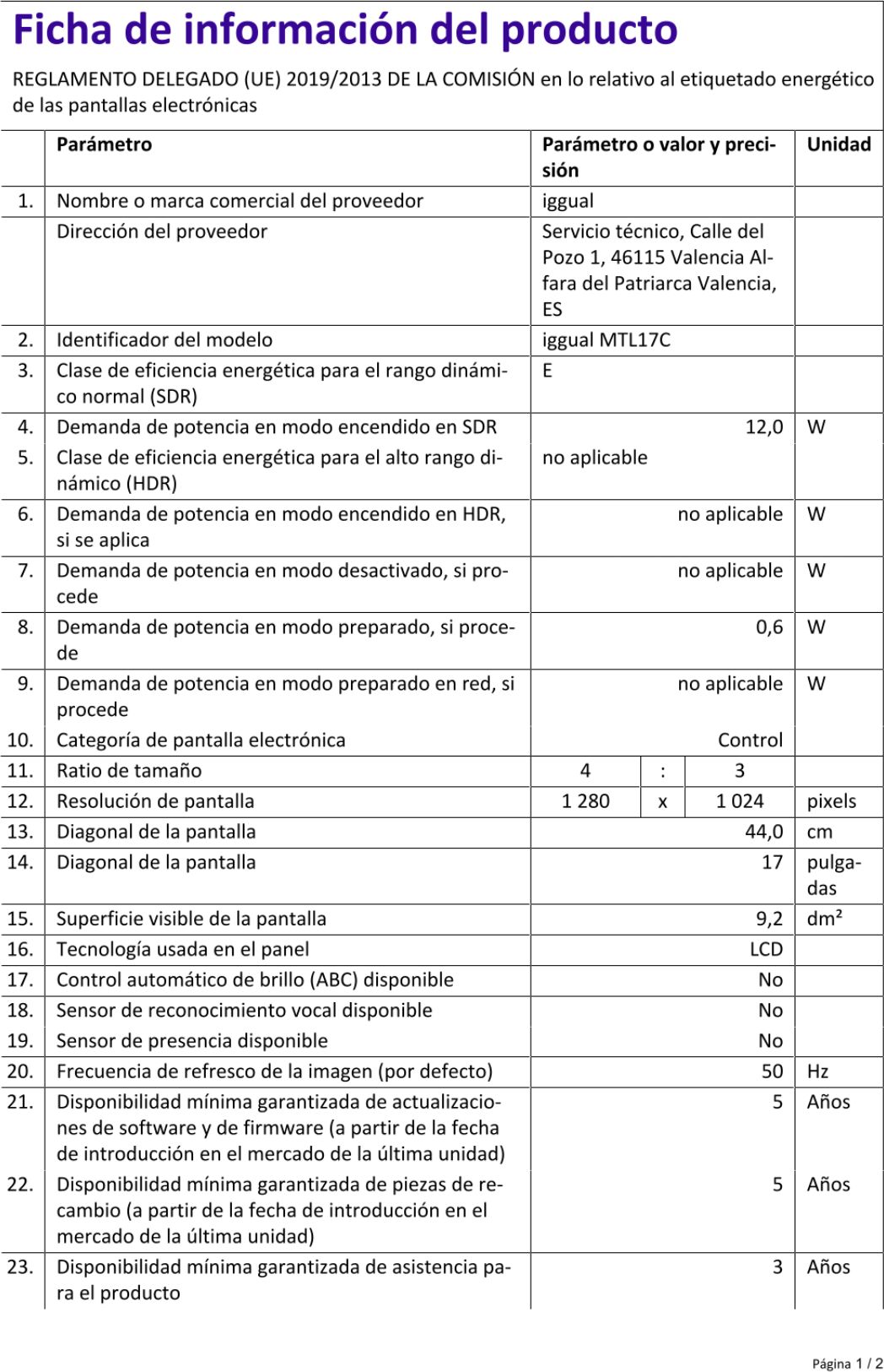 Ficha do produto